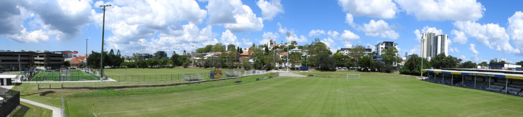 AU Qld Bowen Hills Perry Park playing fields panorama 2021
