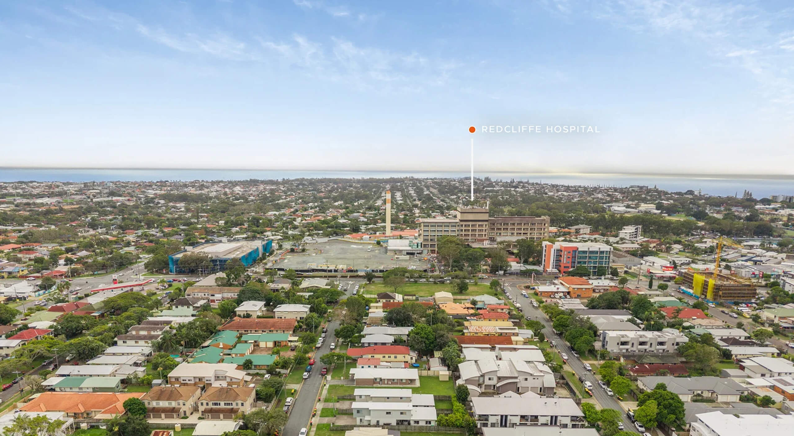 Redcliffe Hospital expansion — aerial view of the Redcliffe peninsula and surrounding residential suburbs